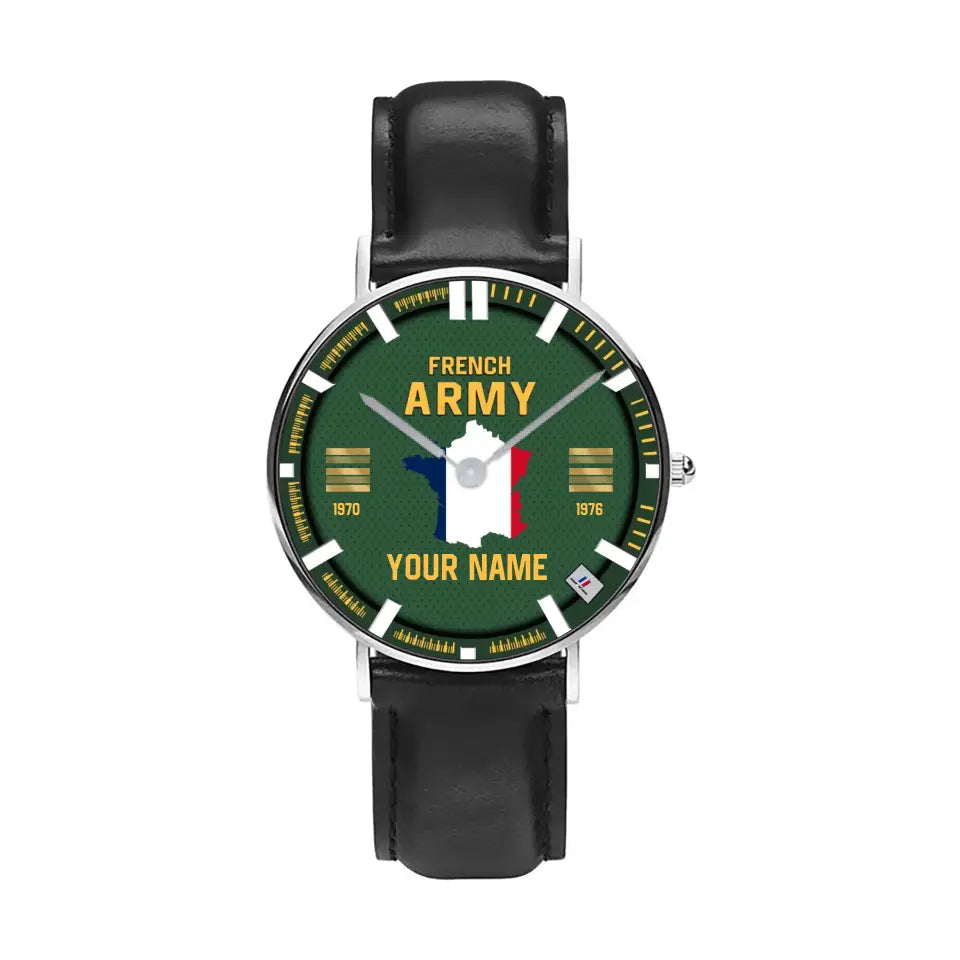 Personalized France Soldier/ Veteran With Name, Rank and Year Black Stitched Leather Watch - 17062402QA - Gold Version