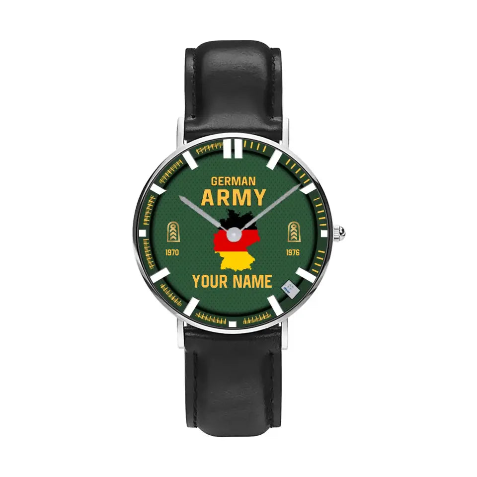 Personalized Germany Soldier/ Veteran With Name, Rank and Year Black Stitched Leather Watch - 17062402QA - Gold Version