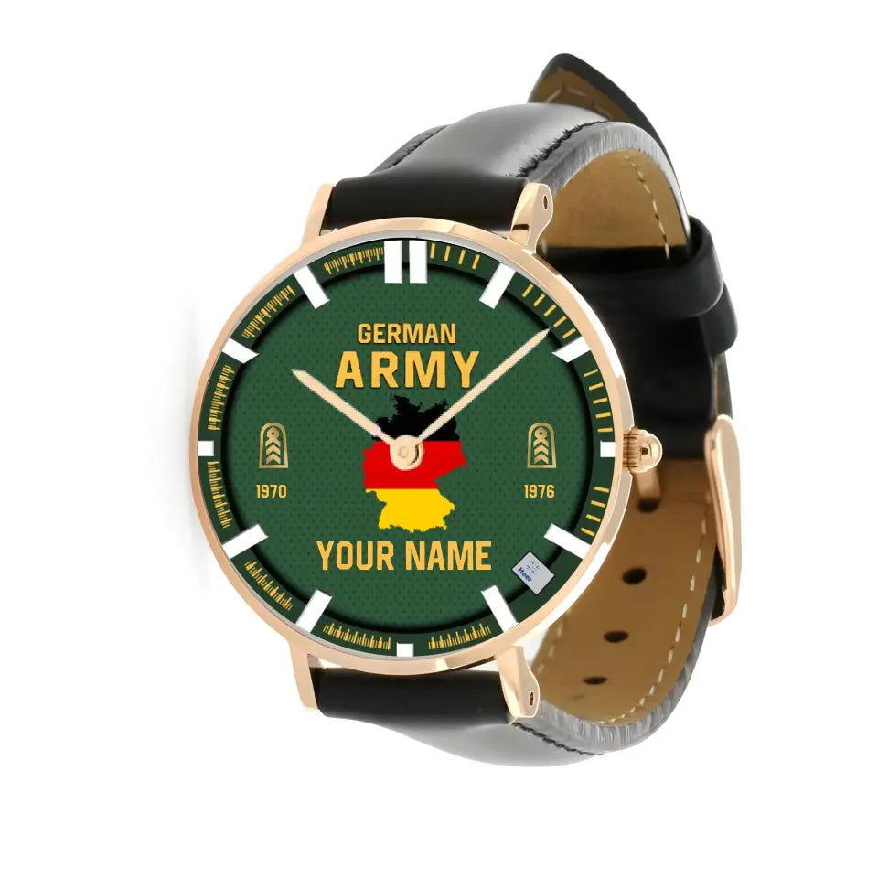 Personalized Germany Soldier/ Veteran With Name, Rank and Year Black Stitched Leather Watch - 17062402QA - Gold Version