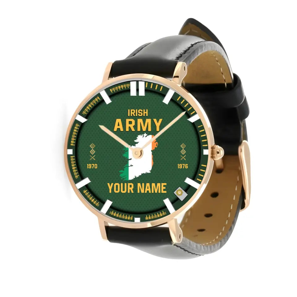 Personalized Ireland Soldier/ Veteran With Name, Rank and Year Black Stitched Leather Watch - 17062402QA - Gold Version