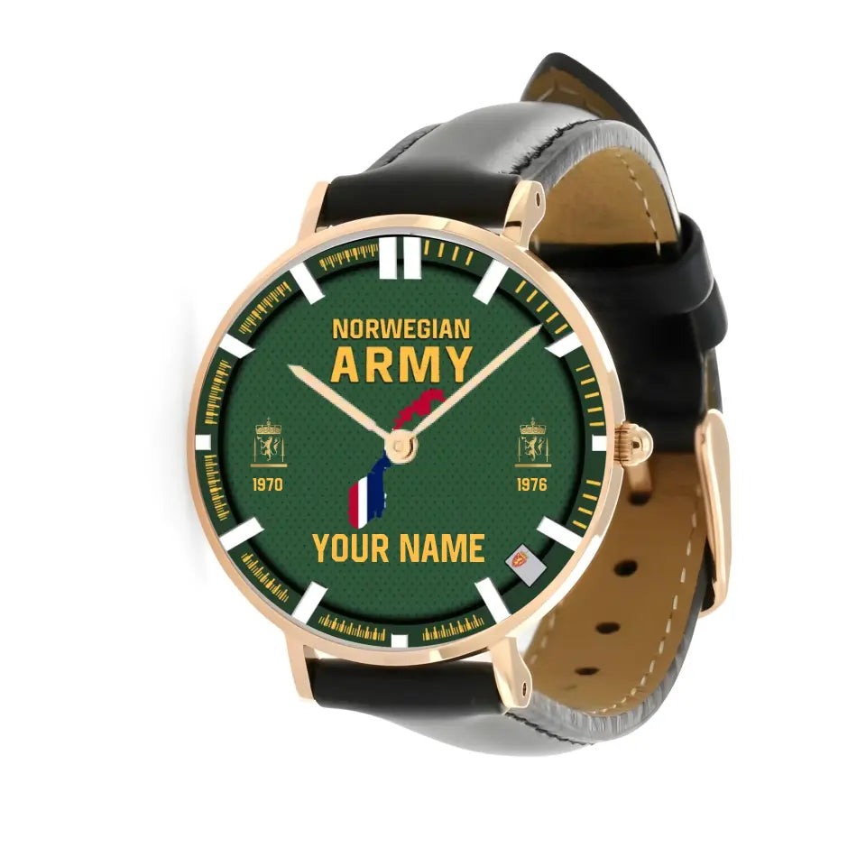 Personalized Norway Soldier/ Veteran With Name, Rank and Year Black Stitched Leather Watch - 17062402QA - Gold Version