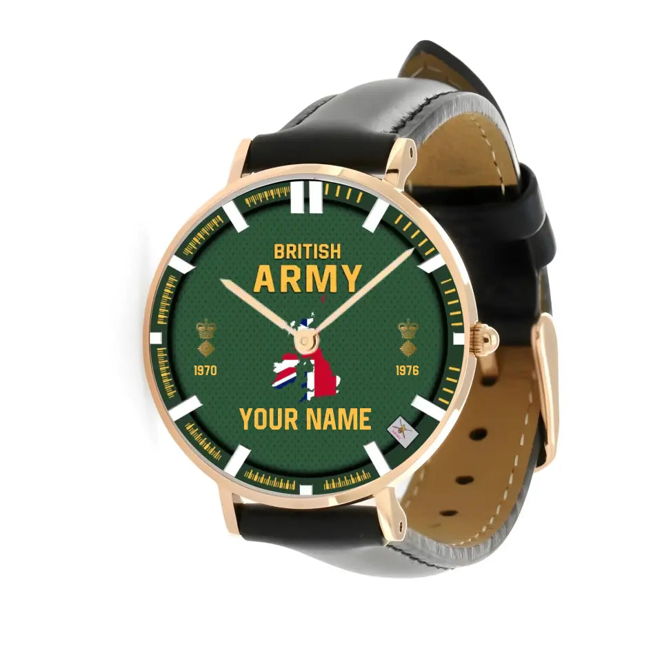 Montre personnalisée en cuir noir cousu pour soldat/vétéran britannique avec nom, grade et année - 17062402QA - Version dorée