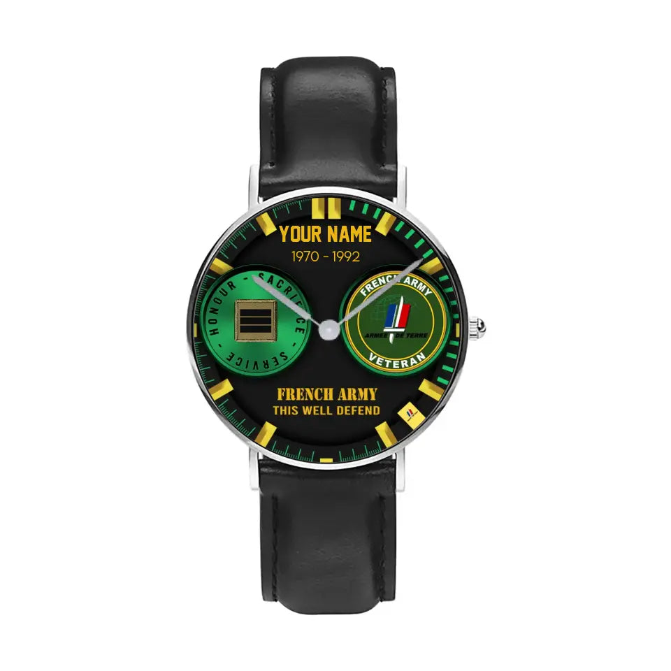 Montre Personnalisée Soldat/Vétéran France Avec Nom, Grade et Année Cuir Noir Surpiqué - 18062402QA - Version Or