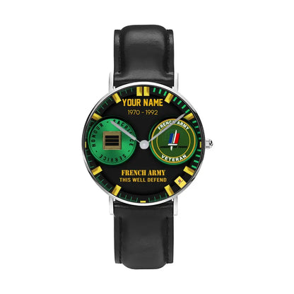 Montre Personnalisée Soldat/Vétéran France Avec Nom, Grade et Année Cuir Noir Surpiqué - 18062402QA - Version Or