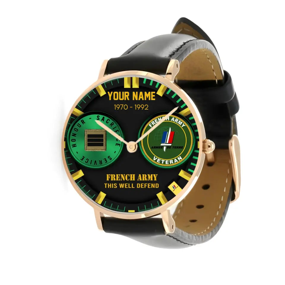 Montre Personnalisée Soldat/Vétéran France Avec Nom, Grade et Année Cuir Noir Surpiqué - 18062402QA - Version Or