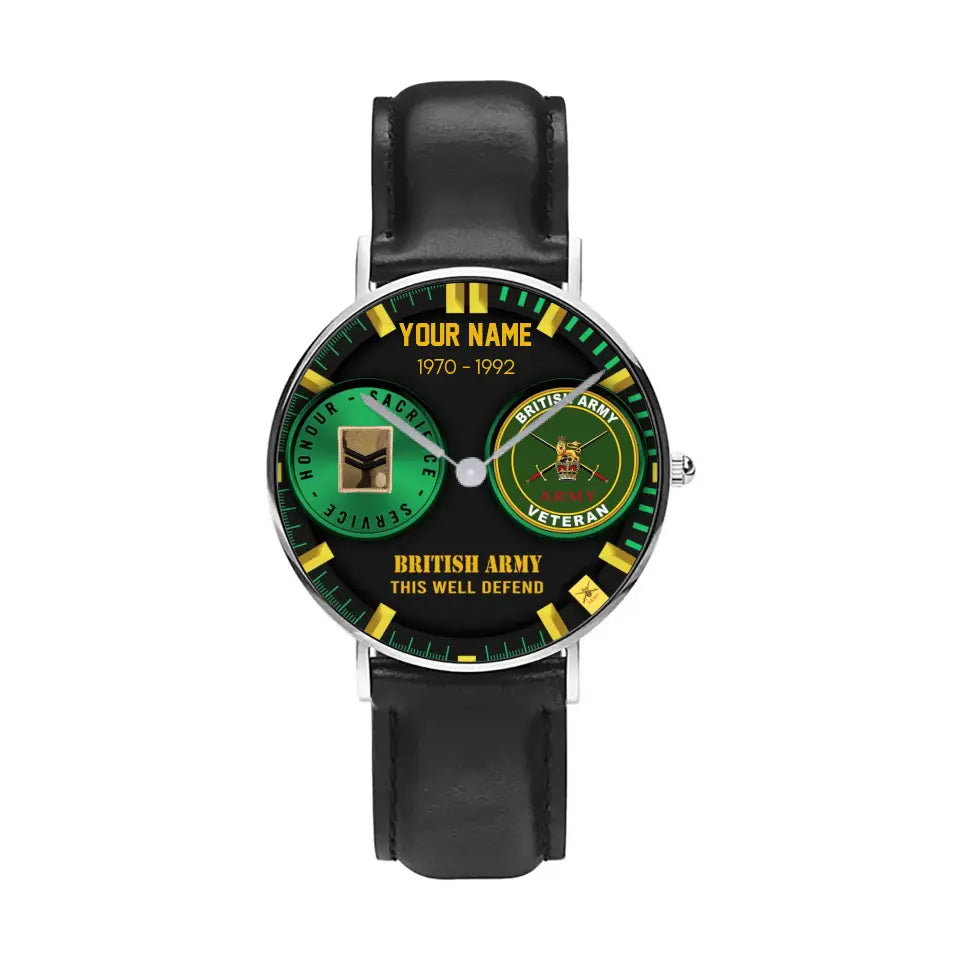 Montre personnalisée en cuir noir cousu pour soldat/vétéran britannique avec nom, grade et année - 18062402QA - Version dorée