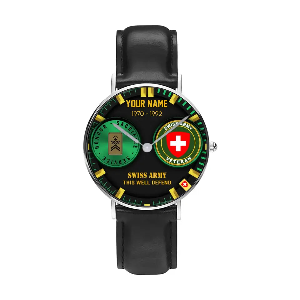 Personalized Swiss Soldier/ Veteran With Name, Rank and Year Black Stitched Leather Watch - 18062402QA - Gold Version