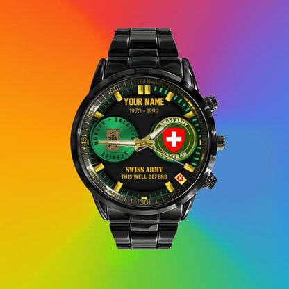 Montre personnalisée en acier inoxydable noir pour soldat/vétéran suisse avec nom, grade et année - 18062402QA - Version dorée