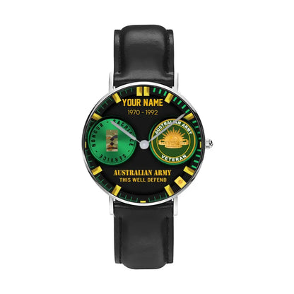 Montre personnalisée en cuir noir cousu pour soldat/vétéran australien avec nom, grade et année - 18062402QA - Version dorée