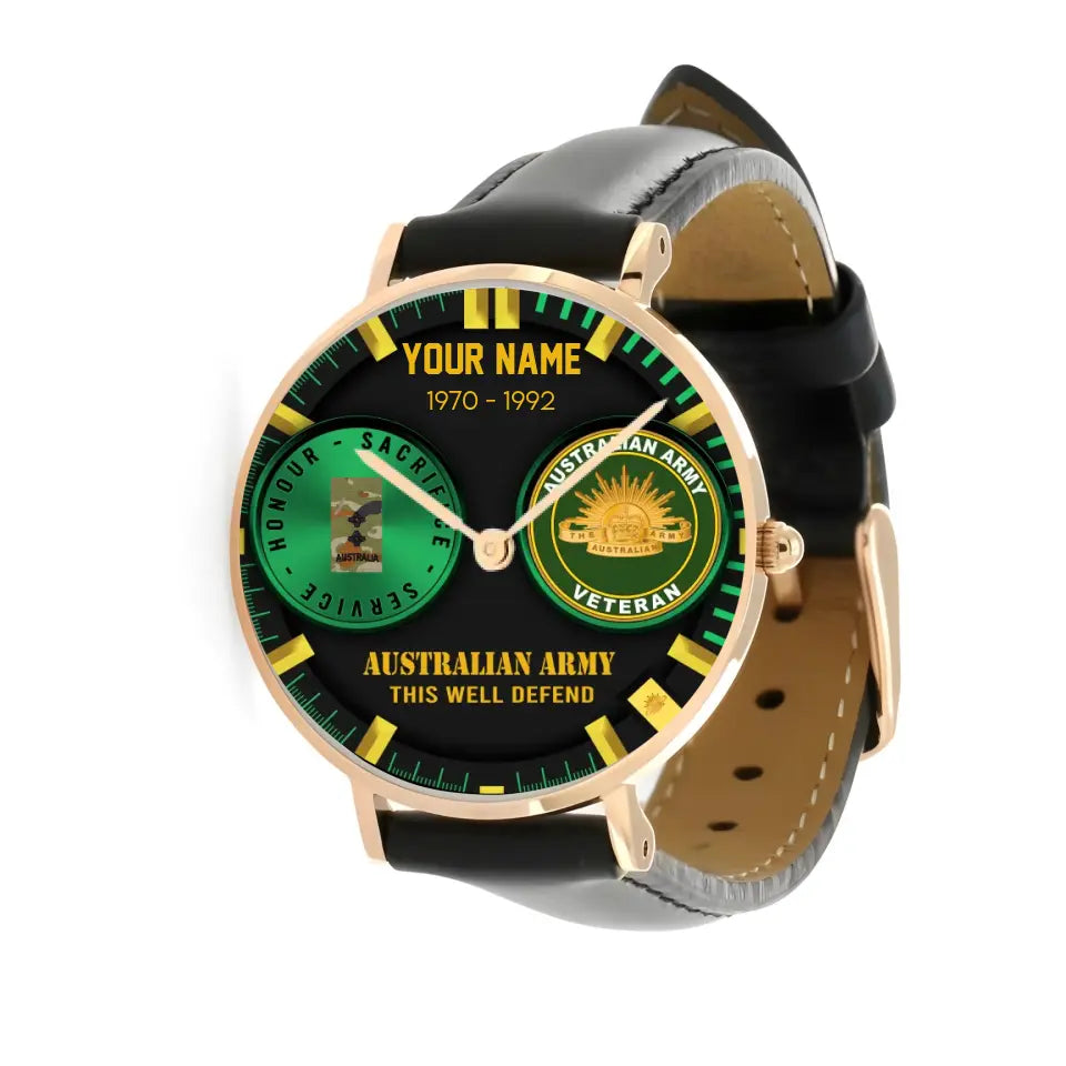 Montre personnalisée en cuir noir cousu pour soldat/vétéran australien avec nom, grade et année - 18062402QA - Version dorée