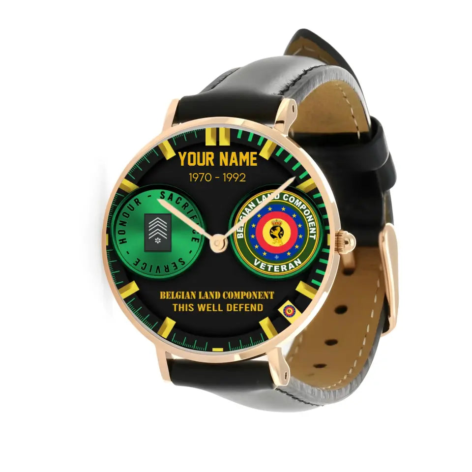 Montre personnalisée en cuir noir cousu pour soldat/vétéran belge avec nom, grade et année - 18062402QA - Version dorée