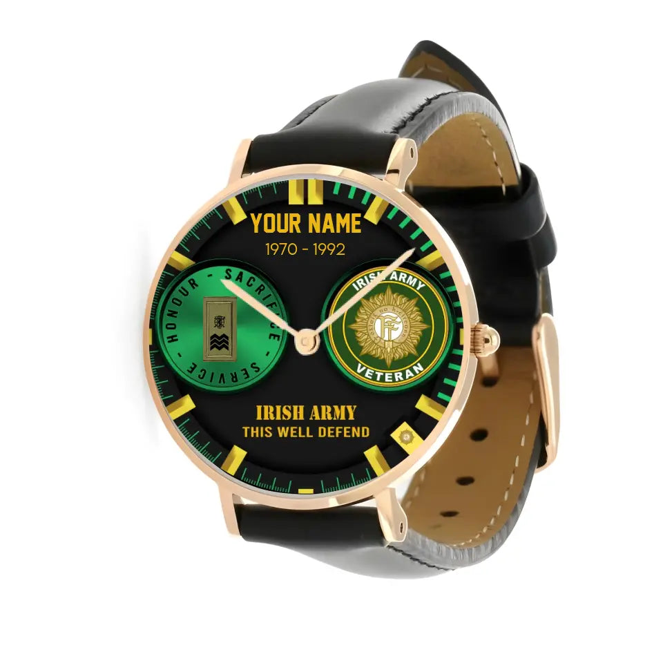 Personalized Ireland Soldier/ Veteran With Name, Rank and Year Black Stitched Leather Watch - 18062402QA - Gold Version