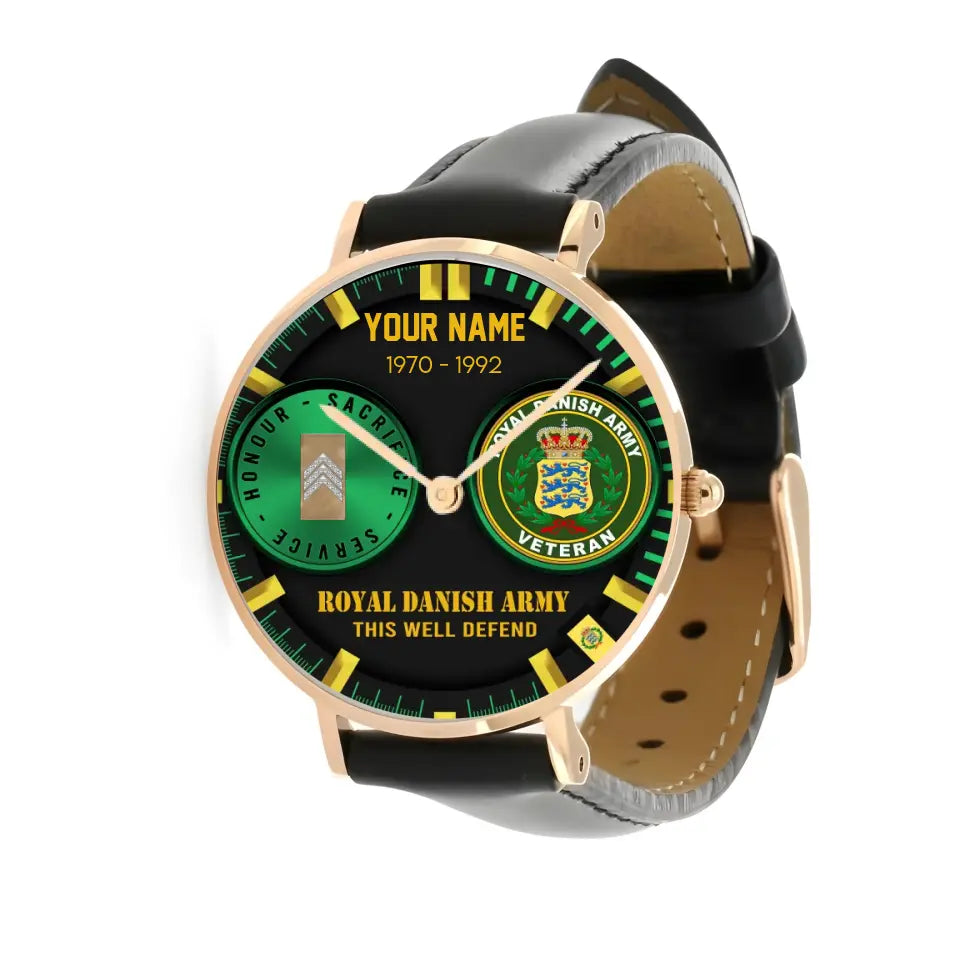 Personalized Denmark Soldier/ Veteran With Name, Rank and Year Black Stitched Leather Watch - 18062402QA - Gold Version