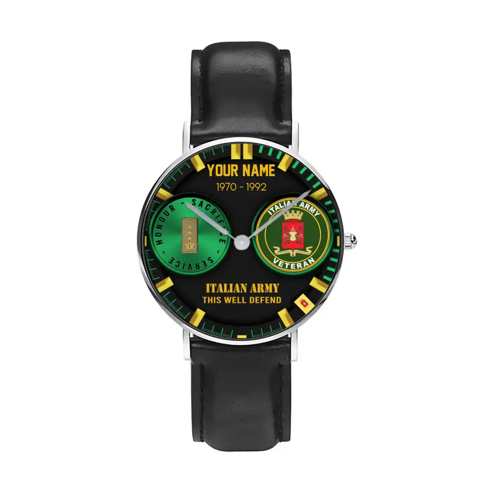 Personalized Italy Soldier/ Veteran With Name, Rank and Year Black Stitched Leather Watch - 18062402QA - Gold Version