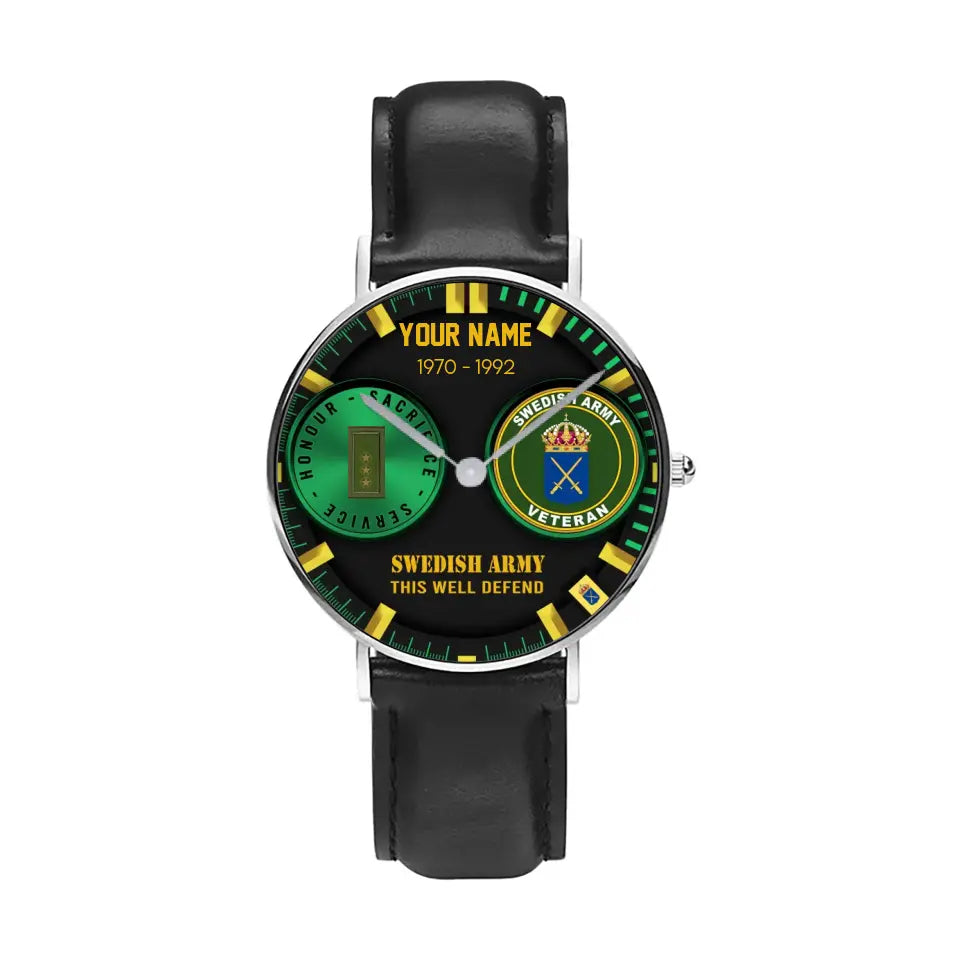 Personalized Sweden Soldier/ Veteran With Name, Rank and Year Black Stitched Leather Watch - 18062402QA - Gold Version