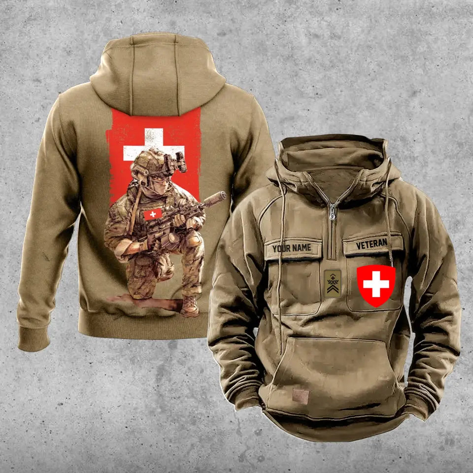 Sweat à capuche vintage personnalisé soldat/vétéran suisse imprimé sur toute la surface - 21062402QA