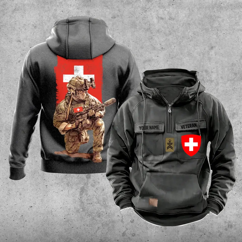 Sweat à capuche vintage personnalisé soldat/vétéran suisse imprimé sur toute la surface - 21062402QA