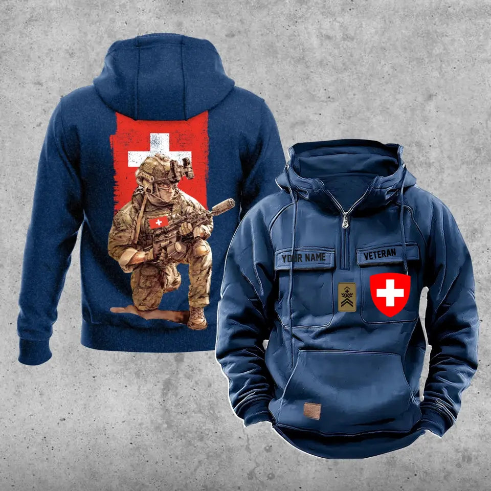 Sweat à capuche vintage personnalisé soldat/vétéran suisse imprimé sur toute la surface - 21062402QA