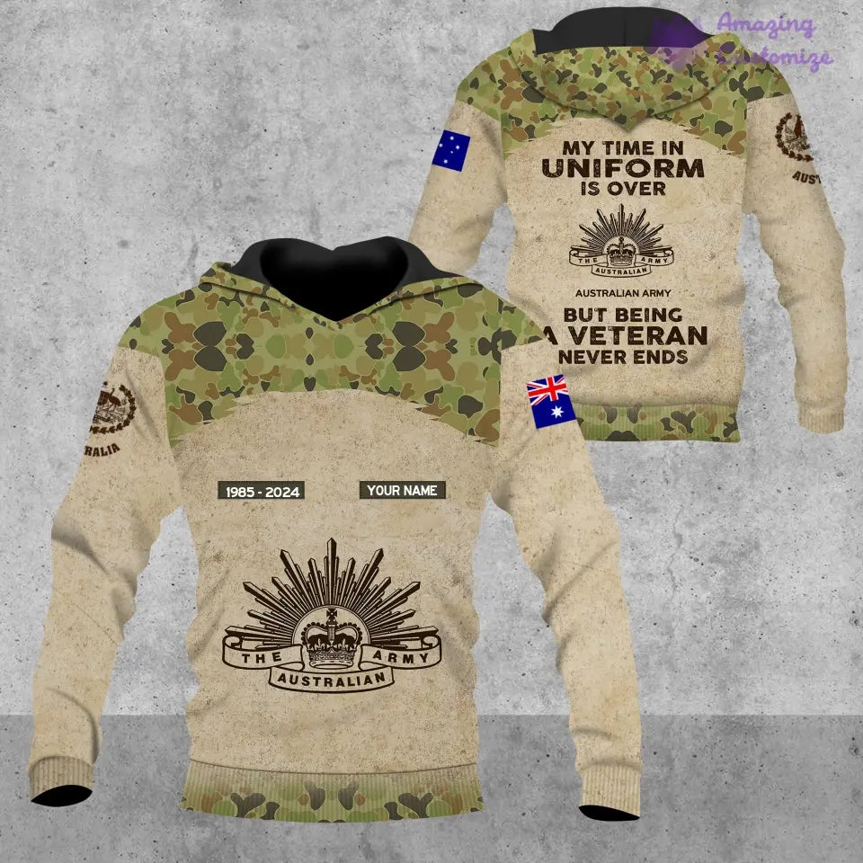 Personalisierter australischer Soldat/Veteranen-Hoodie im Camouflage-Stil mit Namen, Jahr und Rang, komplett bedruckt – 17200512