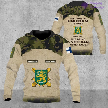 Personalisierter Kapuzenpullover mit Camouflage-Muster für finnische Soldaten/Veteranen mit Namen, Jahr und Rang, komplett bedruckt – 17200512