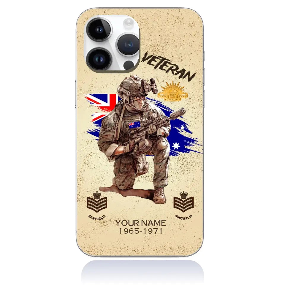 Étui de téléphone personnalisé pour soldat/vétéran australien avec grade, année et nom imprimés - 050724