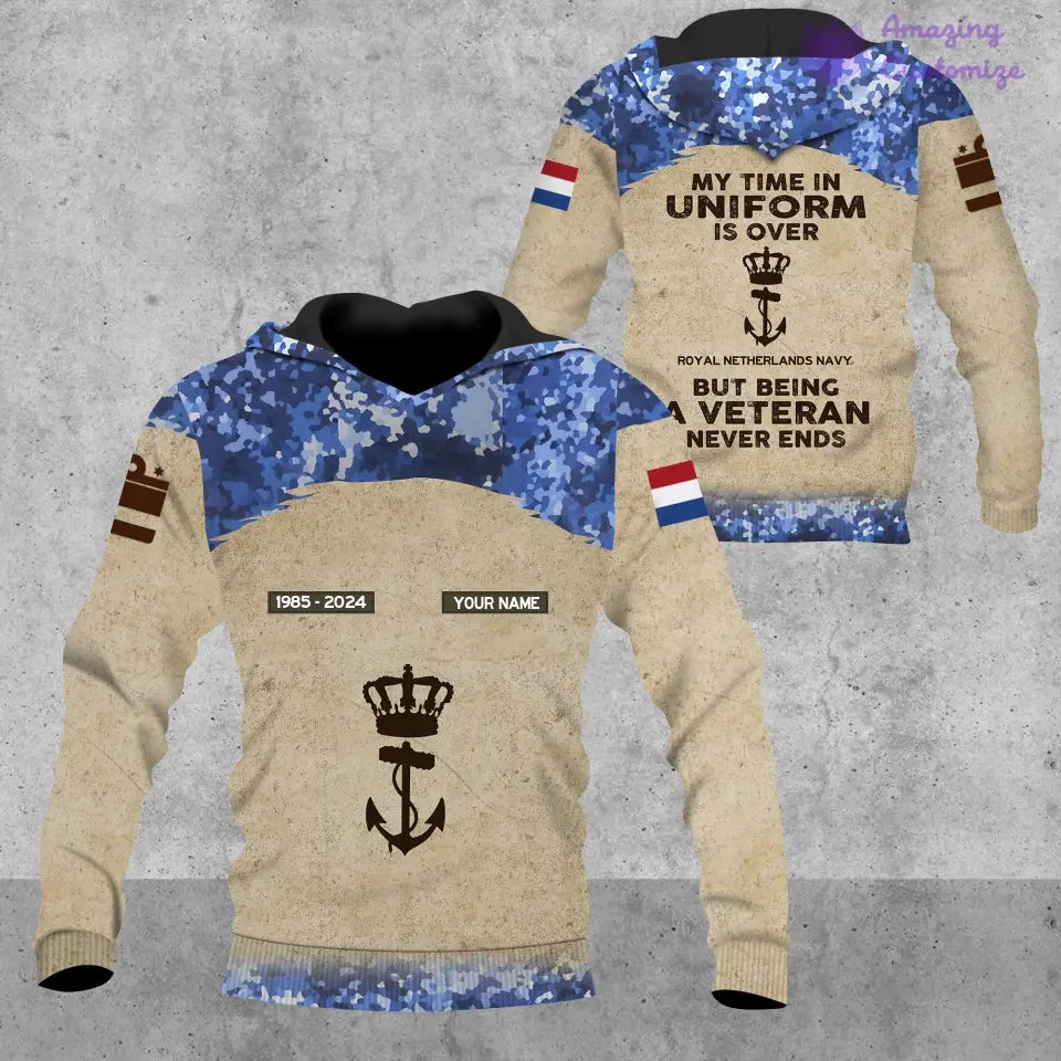 Personalisierter Kapuzenpullover mit Camouflage-Muster für niederländische Soldaten/Veteranen mit Namen, Jahr und Rang, komplett bedruckt – 17200512