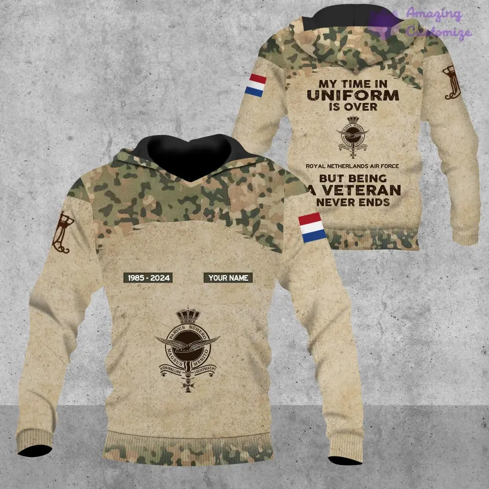 Personalisierter Kapuzenpullover mit Camouflage-Muster für niederländische Soldaten/Veteranen mit Namen, Jahr und Rang, komplett bedruckt – 17200512