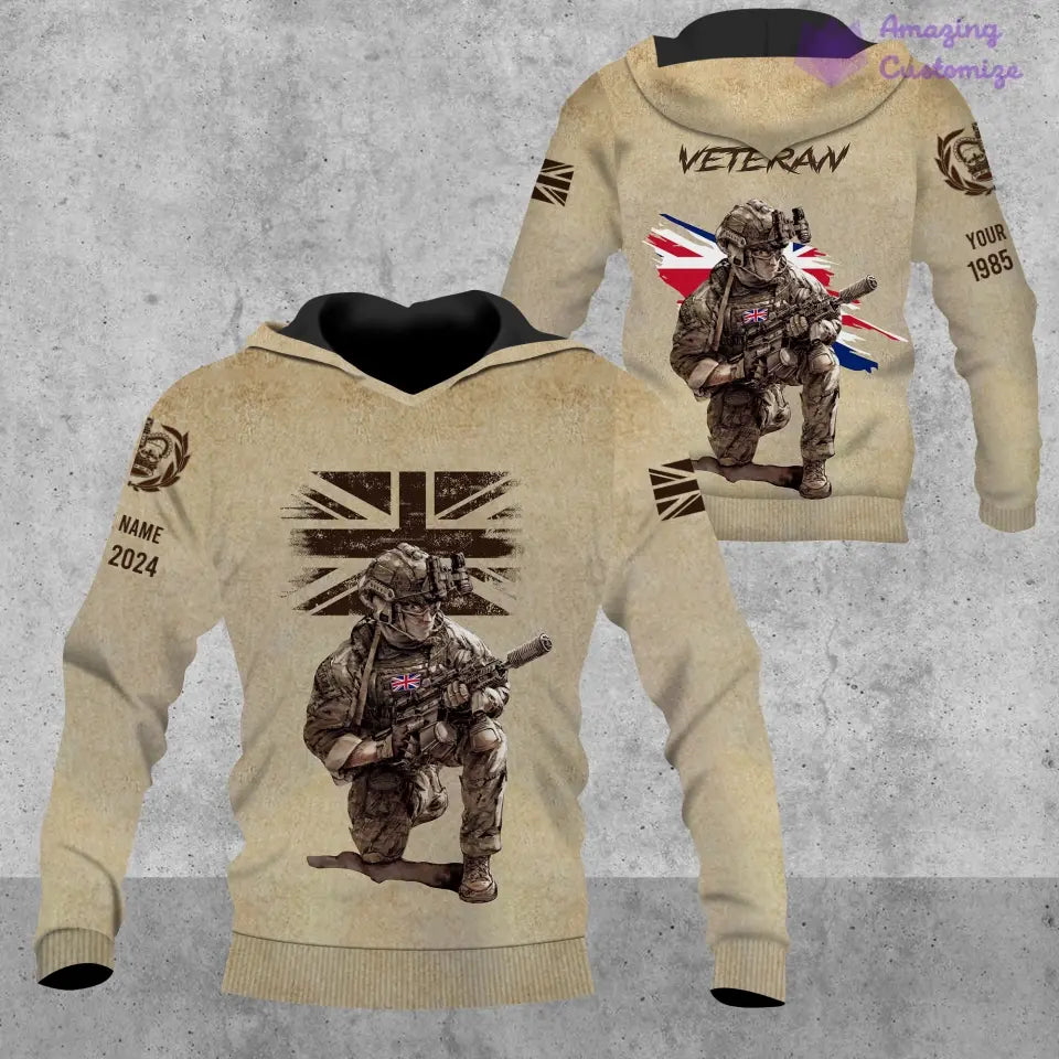 Personalisierter Kapuzenpullover mit Camouflage-Muster für britische Soldaten/Veteranen mit Namen, Jahr und Rang, komplett bedruckt – 17229888