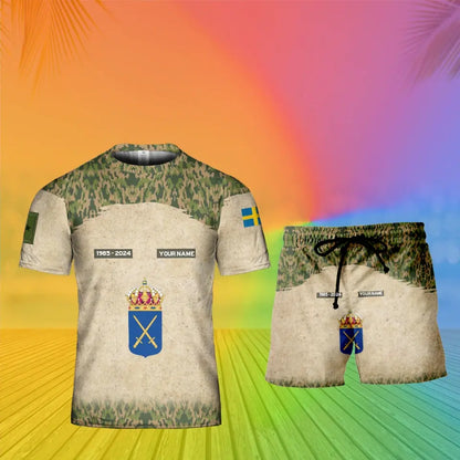 Personalisiertes schwedisches Soldaten-/Veteranen-Tarnmuster mit Namen, Jahr und Rang, Kombi-T-Shirt + Short, 3D-Druck – 17200512