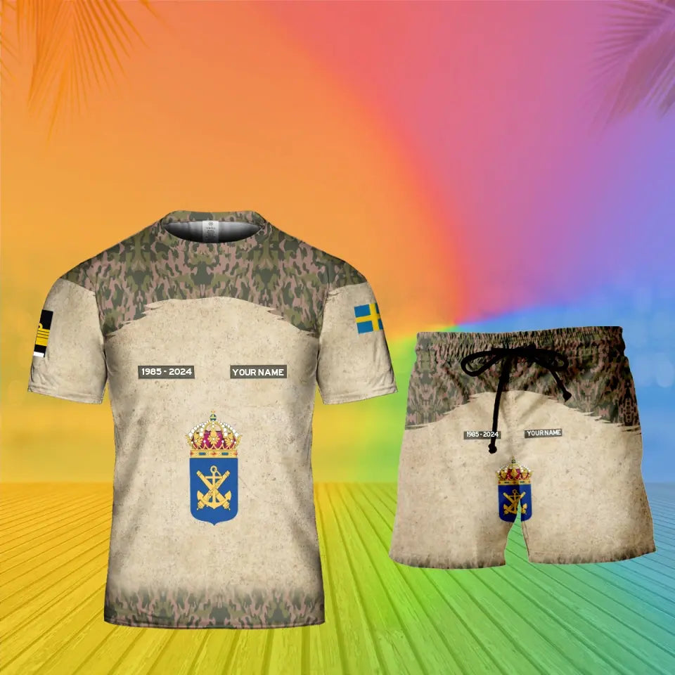 Personalisiertes schwedisches Soldaten-/Veteranen-Tarnmuster mit Namen, Jahr und Rang, Kombi-T-Shirt + Short, 3D-Druck – 17200512