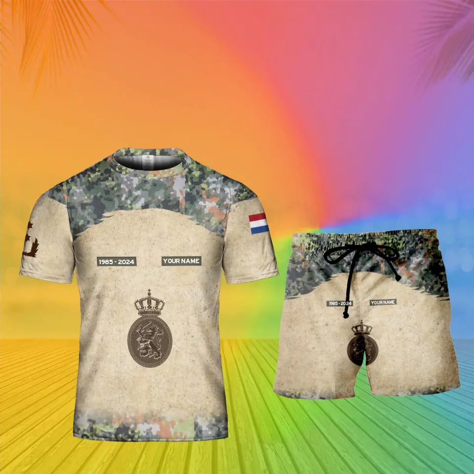 Personalisiertes niederländisches Soldaten-/Veteranen-Tarnmuster mit Namen, Jahr und Rang, Kombi-T-Shirt + Short, 3D-Druck – 17200512