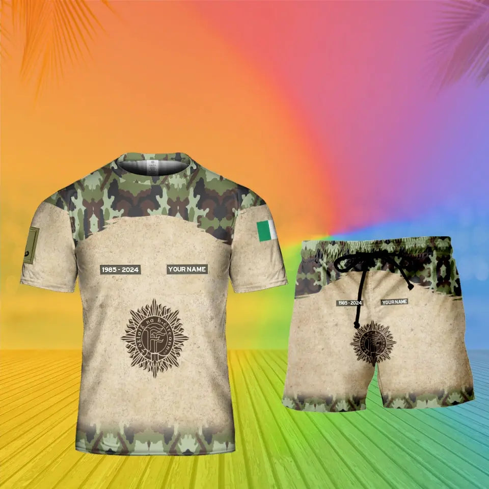 Personalisiertes irisches Soldaten-/Veteranen-Tarnmuster mit Namen, Jahr und Rang, Kombi-T-Shirt + Short, 3D-Druck – 17200512