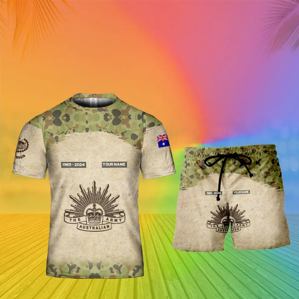 T-shirt personnalisé avec camouflage soldat/vétéran australien avec nom, année et grade + short imprimé en 3D - 17200512