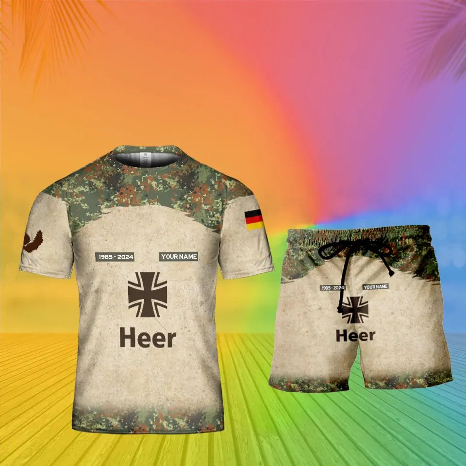 Personalisiertes deutsches Soldaten-/Veteranen-Tarnmuster mit Namen, Jahr und Rang, Kombi-T-Shirt + Short, 3D-Druck – 17200512