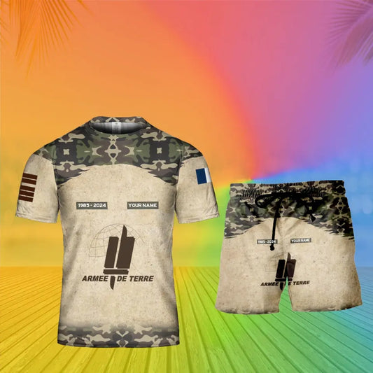 Personalisiertes französisches Soldaten-/Veteranen-Tarnmuster mit Namen, Jahr und Rang, Kombi-T-Shirt + Short, 3D-Druck – 17200512