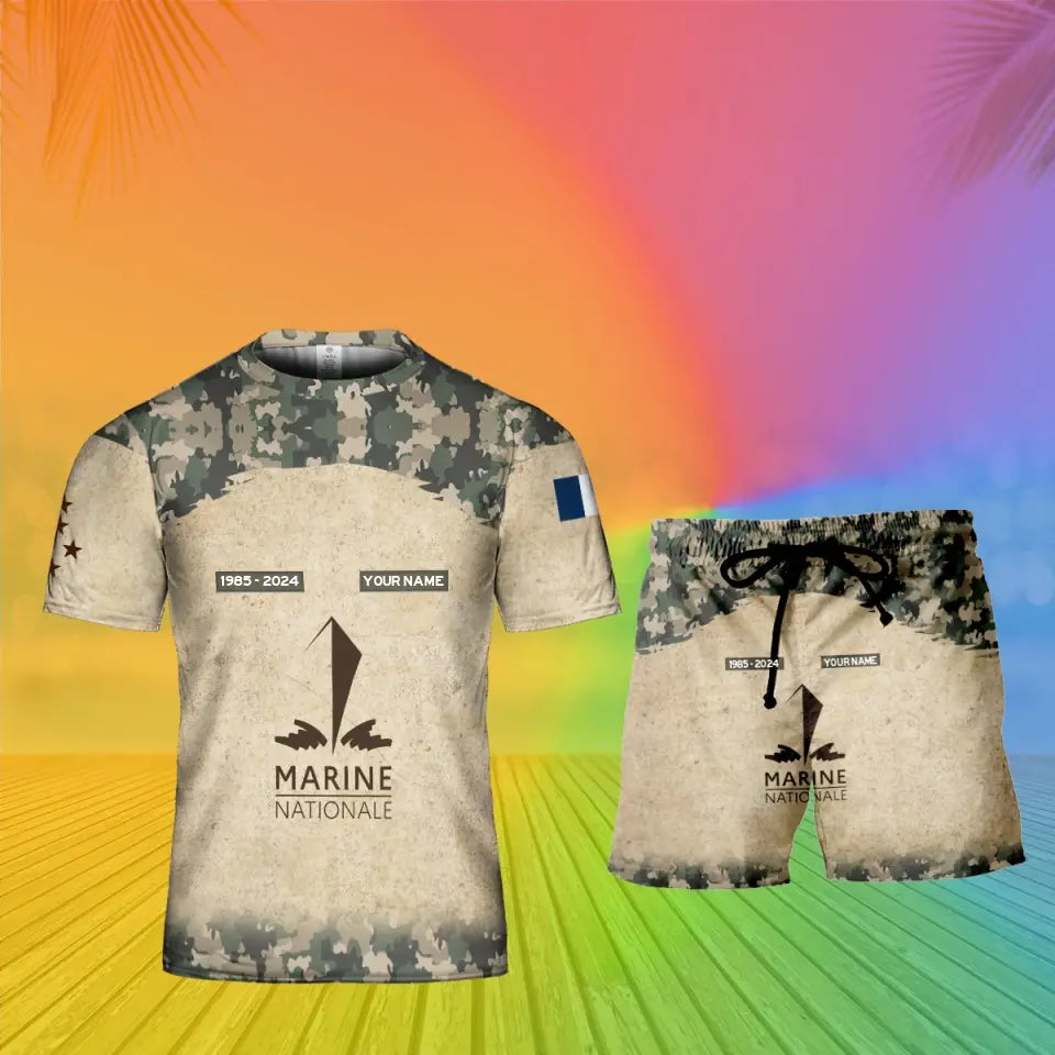 Personalisiertes französisches Soldaten-/Veteranen-Tarnmuster mit Namen, Jahr und Rang, Kombi-T-Shirt + Short, 3D-Druck – 17200512