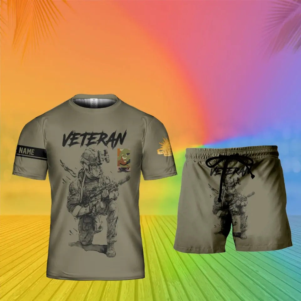 T-shirt personnalisé avec camouflage soldat/vétéran australien avec nom et grade + short imprimé en 3D - 1720569602