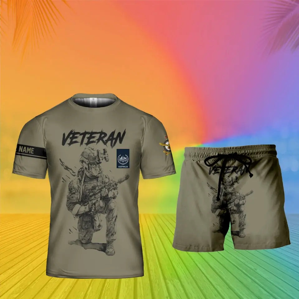 Personalisiertes australisches Soldaten-/Veteranen-Tarnmuster mit Namen und Rang, Kombi-T-Shirt + Short, 3D-Druck – 1720569602