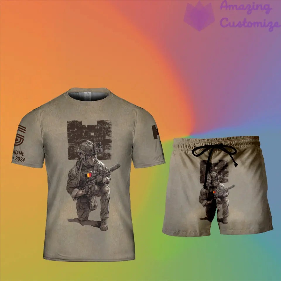 Personalisiertes belgisches Soldaten-/Veteranen-Tarnmuster mit Namen, Jahr und Rang, Kombi-T-Shirt + Short, 3D-Druck – 17229888