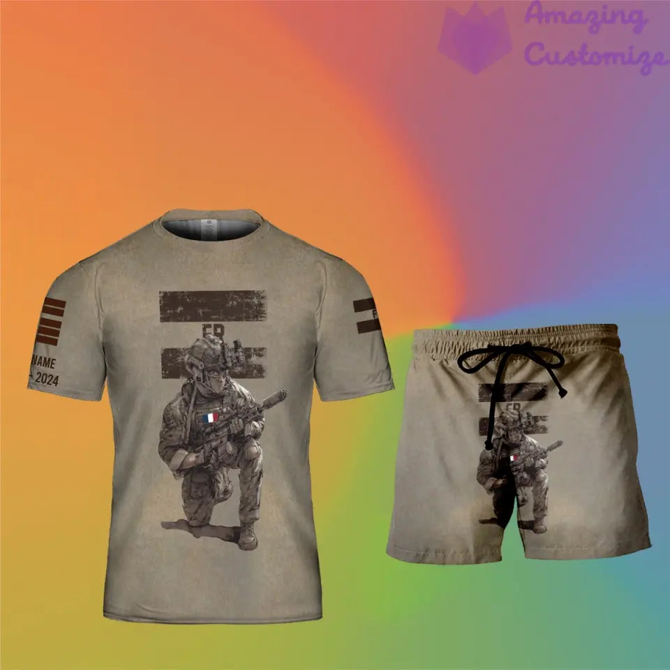 T-shirt personnalisé avec camouflage soldat/vétéran de la France avec nom, année et grade + short imprimé en 3D - 17229888