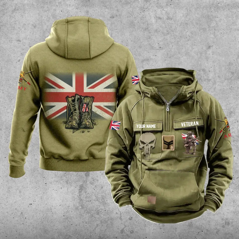 Sweat à capuche vintage personnalisé avec nom et grade de soldat/vétéran britannique imprimé sur toute la surface - 17203968