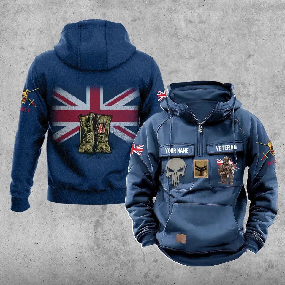 Sweat à capuche vintage personnalisé avec nom et grade de soldat/vétéran britannique imprimé sur toute la surface - 17203968