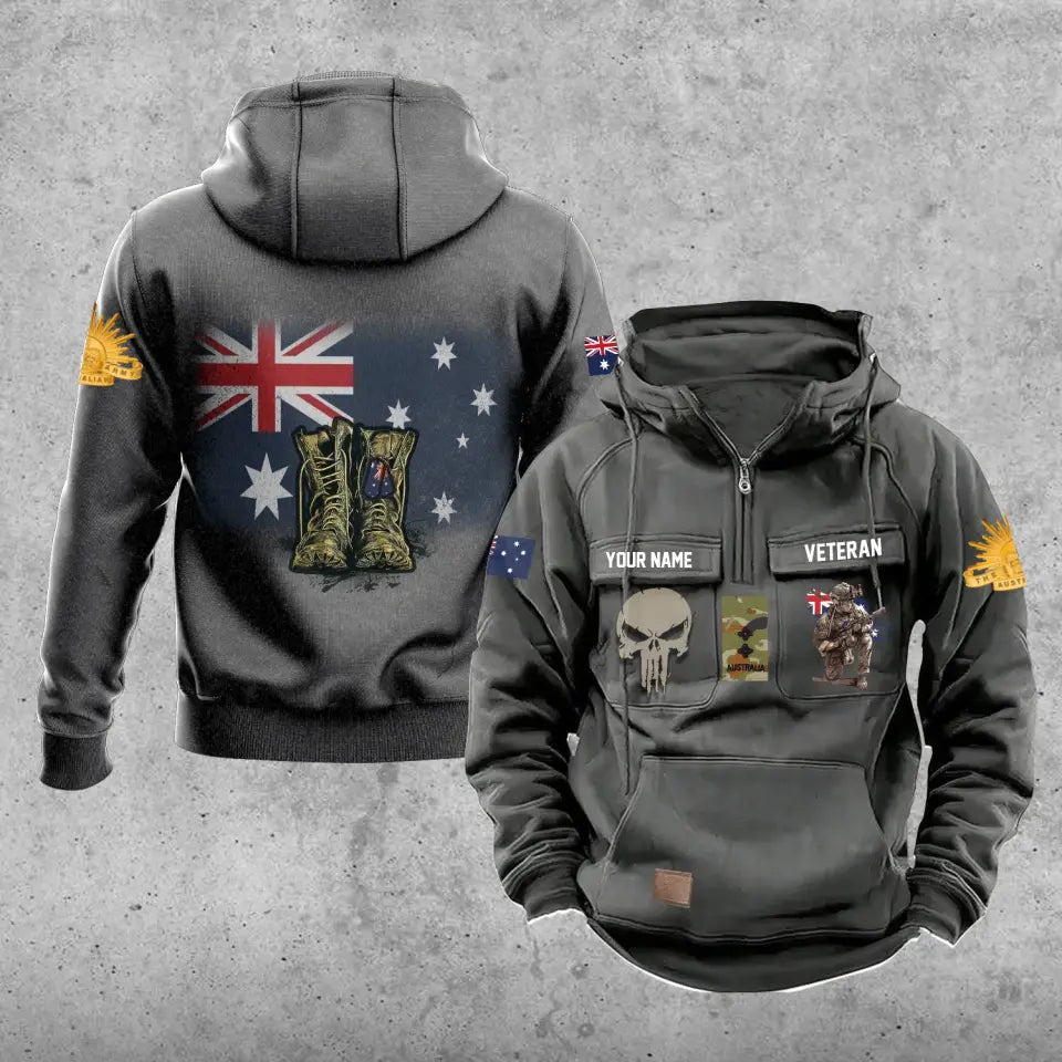 Personalisierter australischer Soldat/Veteran mit Rang und Namen, Vintage-Kapuzenpullover, komplett bedruckt – 17203968