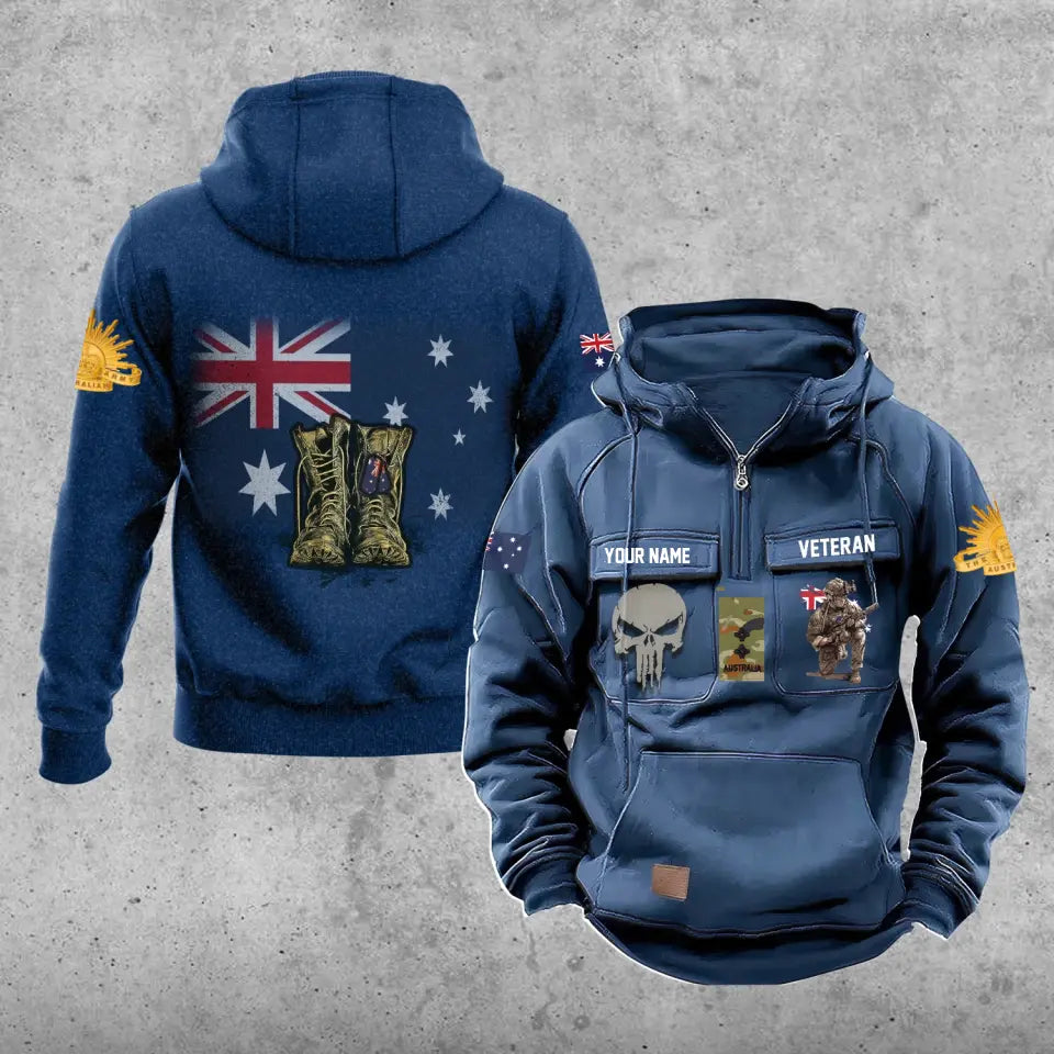 Sweat à capuche vintage personnalisé avec nom et grade de soldat/vétéran australien imprimé sur toute la surface - 17203968