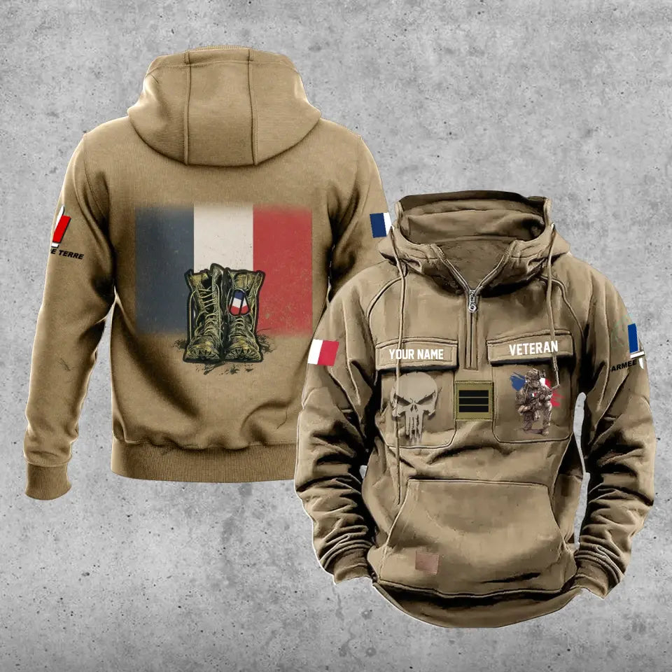 Sweat à capuche vintage personnalisé soldat/vétéran de la France avec grade et nom imprimé sur toute la surface - 17203968