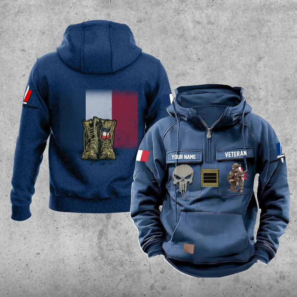 Personalisierter französischer Soldat/Veteran mit Rang und Namen, Vintage-Kapuzenpullover, komplett bedruckt – 17203968