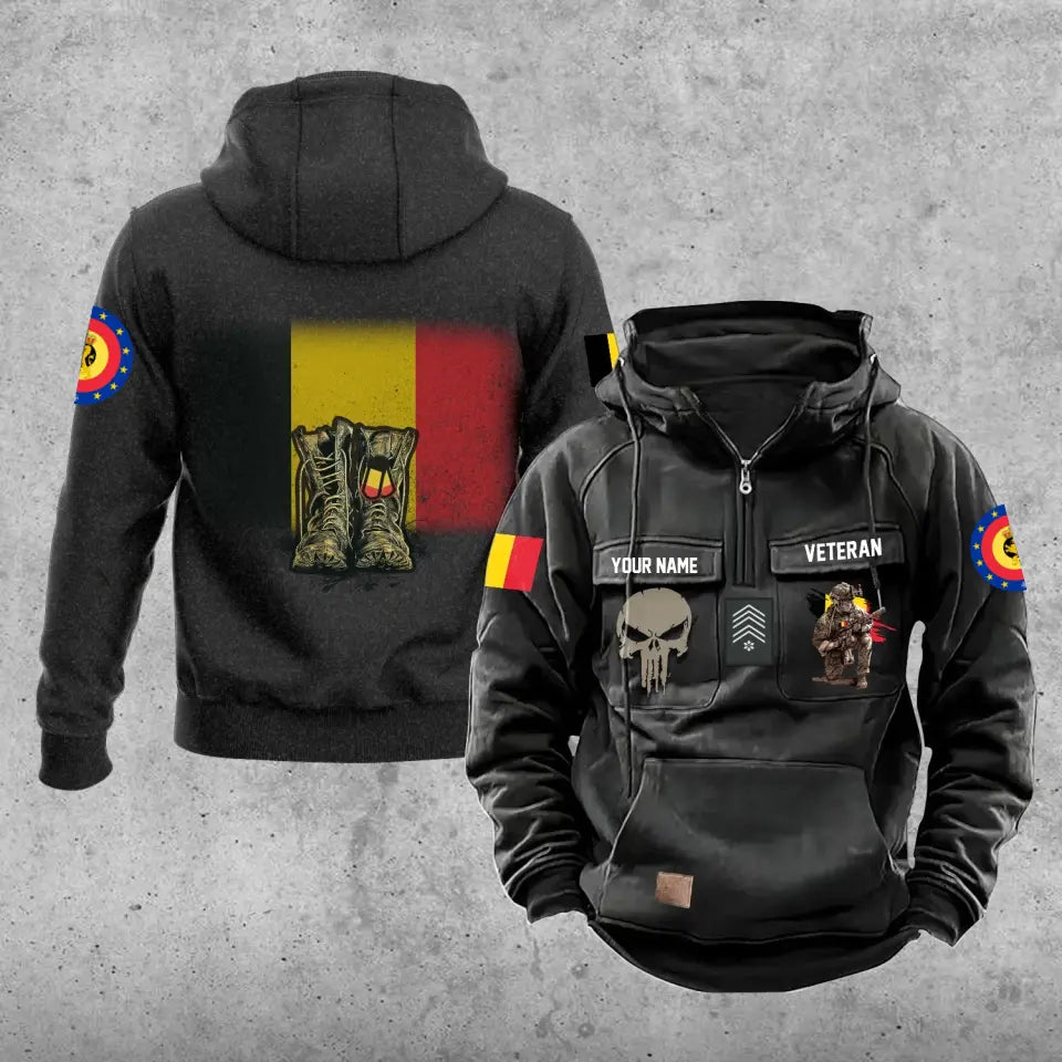 Personalisierter belgischer Soldat/Veteran mit Rang und Namen, Vintage-Kapuzenpullover, komplett bedruckt – 17203968