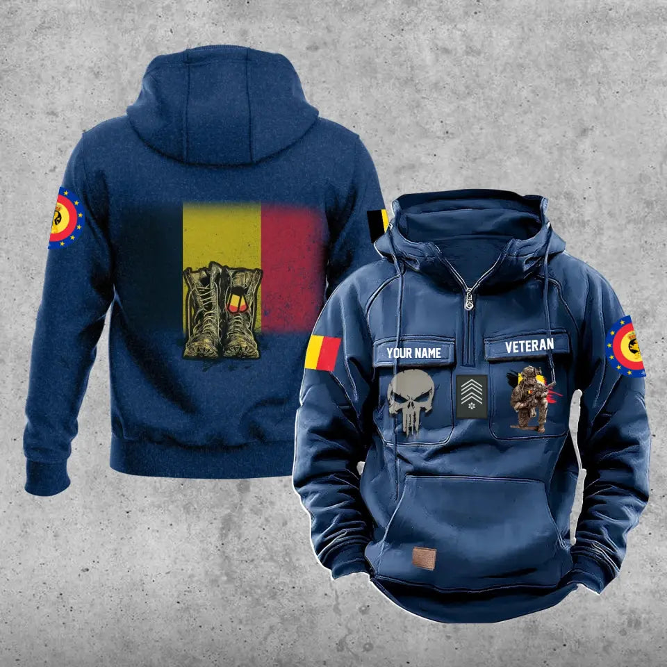 Personalisierter belgischer Soldat/Veteran mit Rang und Namen, Vintage-Kapuzenpullover, komplett bedruckt – 17203968