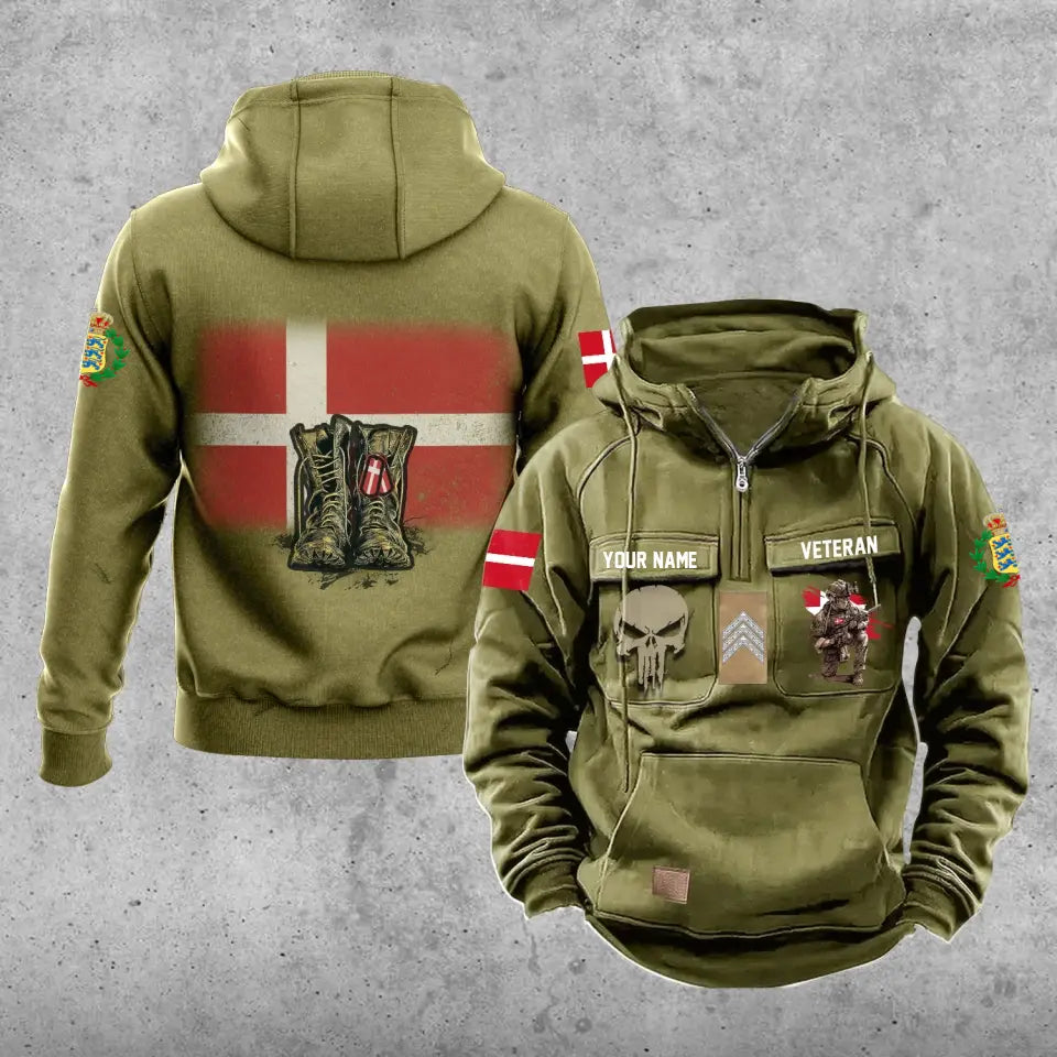 Personalisierter dänischer Soldat/Veteran mit Rang und Namen, Vintage-Kapuzenpullover, komplett bedruckt – 17203968