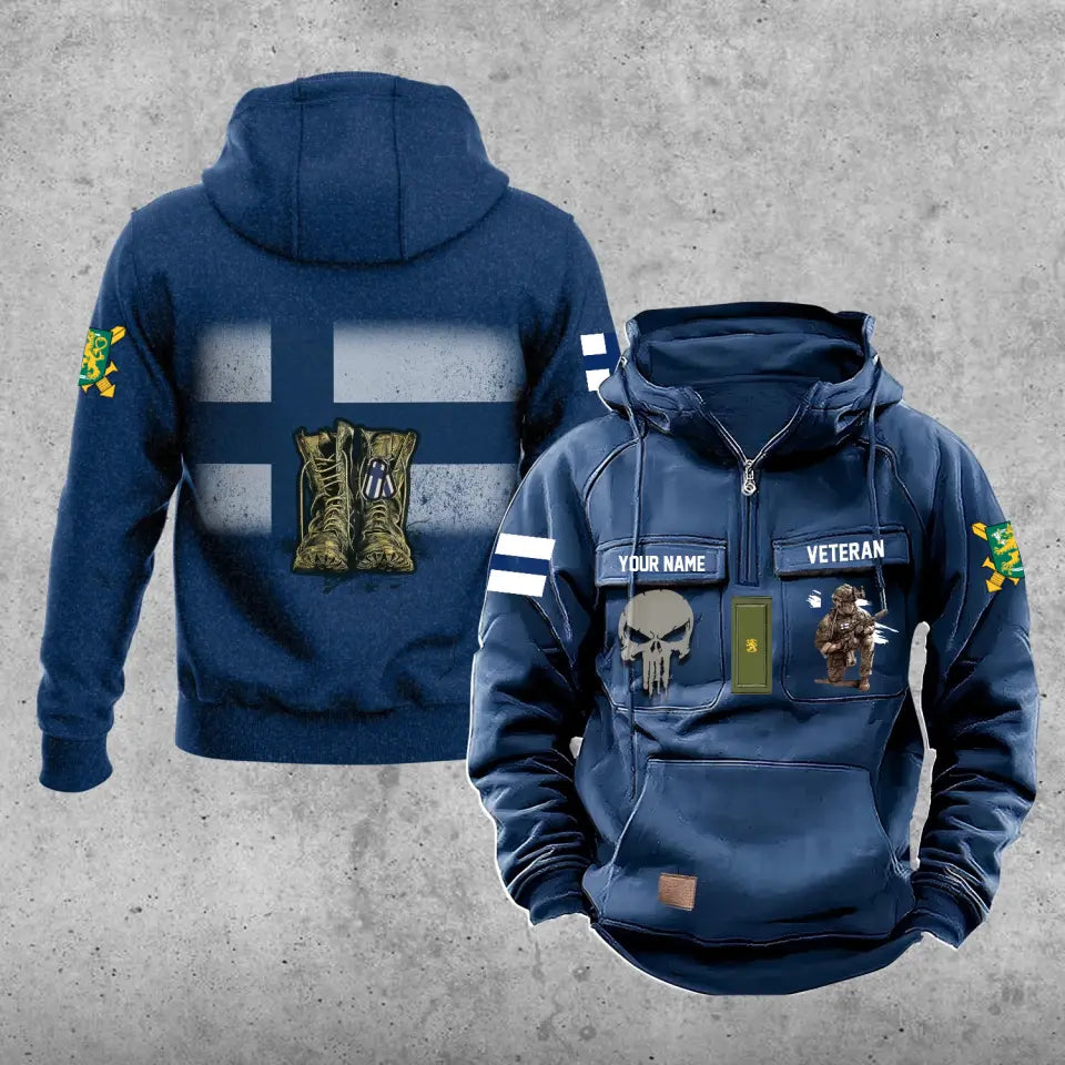 Sweat à capuche vintage personnalisé avec nom et grade de soldat/vétéran finlandais imprimé sur toute la surface - 17203968